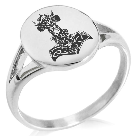 Stainless Steel Asgard Mjolnir Thor's Hammer Viking Norse Minimalist Oval Top Polished Statement Signet Ring