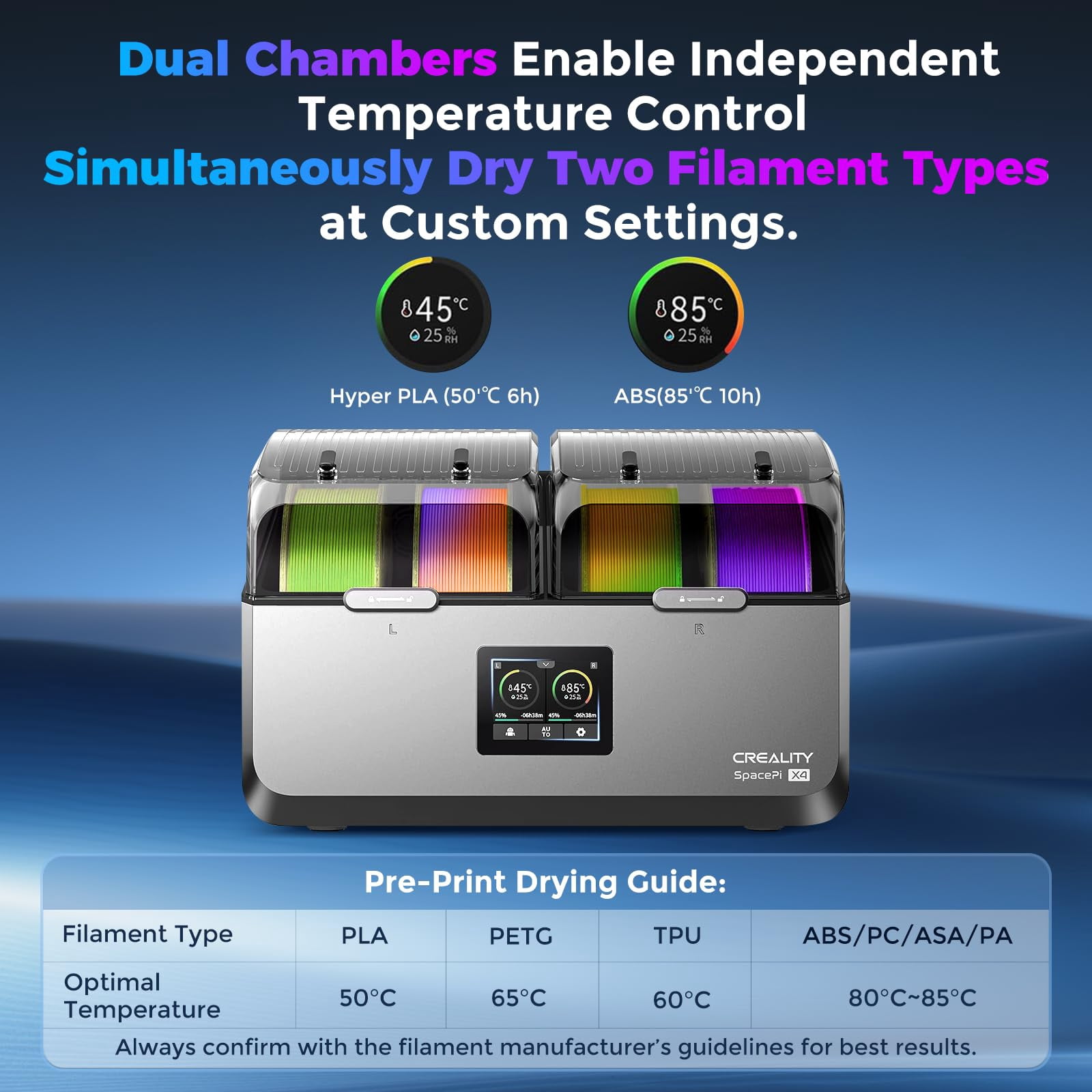 Creality Space Pi X4 Filament Dryer Box, 4 Spools Filament Dehydrator with Dual Independent Heating Chambers, 200W Fast Heating Up to 85℃, Compatible with PLA, PETG, ABS, TPU