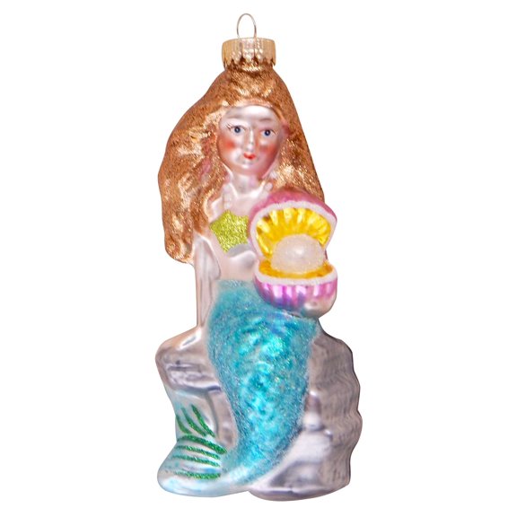 Christmas Tree Ornaments - Figurine Glass from Christmas By Krebs - Handcrafted Hanging Holiday Decor for Trees (5.25" Mermaid with Oyster and Pearl)