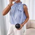 thumbnail image 6 of Women'S Sleeveless Stripe Stand Collar Tie Front Ruffle Detail Ribbon Strap Tank Top M, 6 of 9