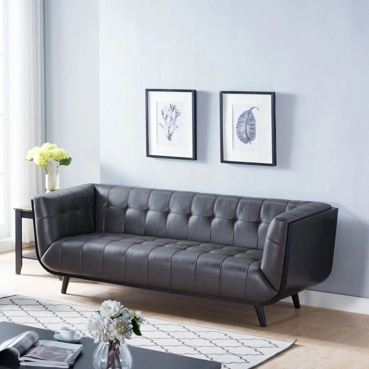 FC Design TwoTone Contemporary Leather Tuxedo Sofa with Button Tufted
