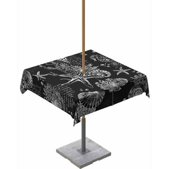 Fsddascl Black Coastal Outdoor Tablecloth - 54x54 Inch Square Dining Table Cover, Nautical Ocean Starfish Seashells Coral Waterproof Outdoor Table Cloth with Umbrella Hole & Zipper for Picnic/Patio