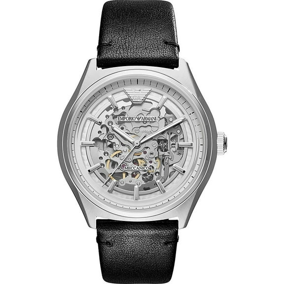 Emporio Armani Men's Zeta Meccanico Automatic Silver Skeleton Dial Leather Strap Watch AR60003