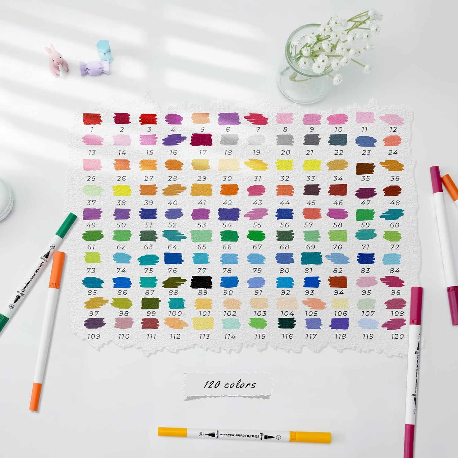 Ohuhu 120-Color Water-Based Markers Set, Fineliner & Brush Dual Tips for Art & Sketching