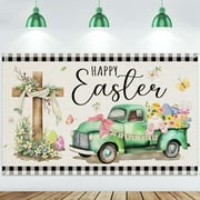 Happy Easter Decorations Spring Easter Photography Banner Jesus Cross Truck Backdrop with Buffalo Plaid Edges Background for Holiday Party Decor Booth Photo Props