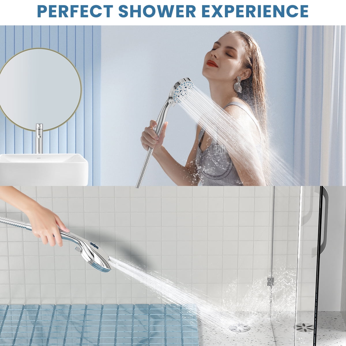 Shower Head with Handheld, 7 Spray Settings High Pressure Handheld Shower Head with 59" Stainless Steel Hose and Adjustable Bracket, Built-in Power Spray to Clean Corner, Tub, Tile and Pets, Chrome