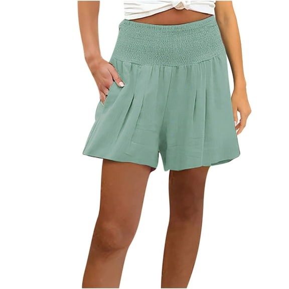Winter Elastic High Waist Shorts with Pockets for Women Solid Color Pleated Comfy Hot Pants Casual Loose-Fit Short Trousers