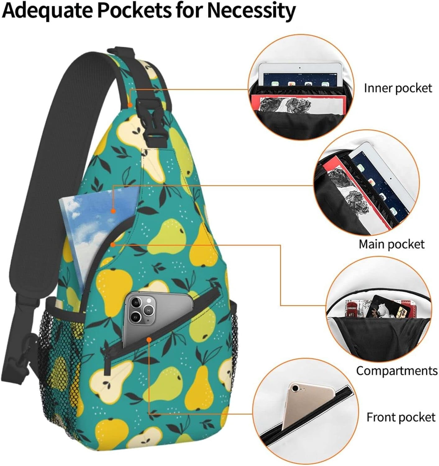 Fruit Pear Pattern Sling Bag Crossbody Hiking Travel Chest Bags Backpack Shoulder Daypack for Women Men