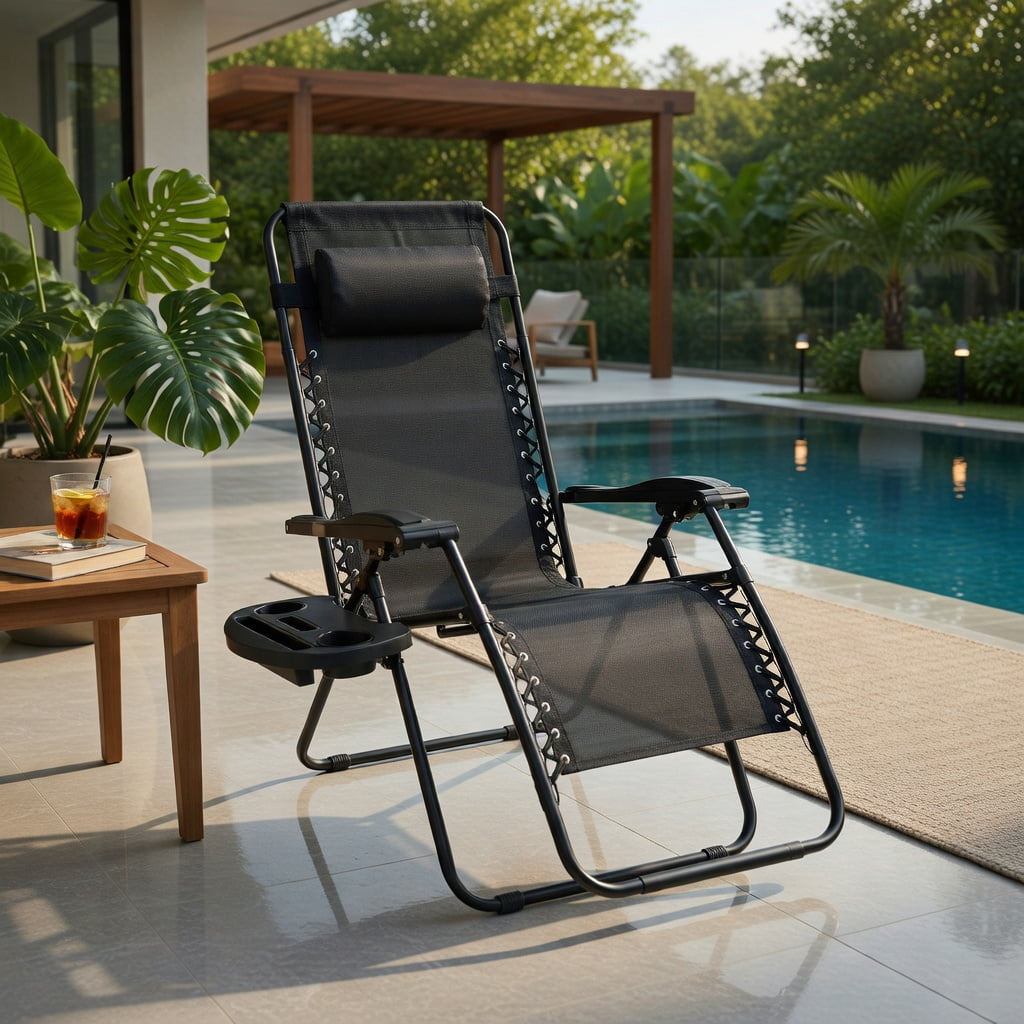 Hommoo Zero Gravity Folding Lounge Chair for Outdoor & Indoor Use – Adjustable Recliner with Removable Tray, Cup Holder & Headrest, Black