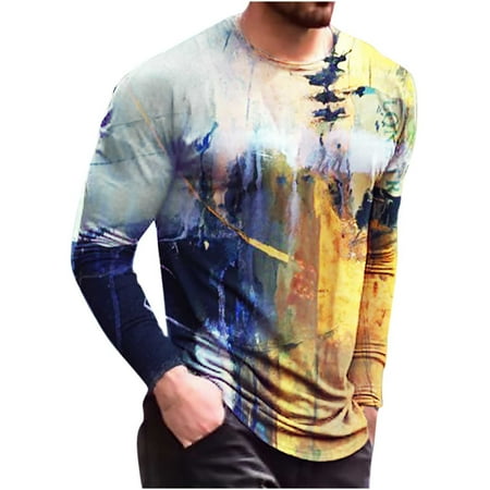 Fesfesfes Men Long Sleeve Tops Round Neck Print Color Casual T-Shirt Long Sleeve Tops Top On Sale