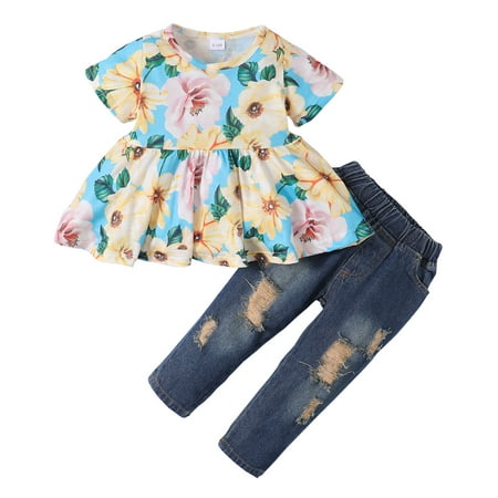 

Infant Baby Girl Clothes Baby Girl Outfits Short Sleeve Round Neckline Floral Top Jeans Pants 2PCS Clothing Set 9-12 Months