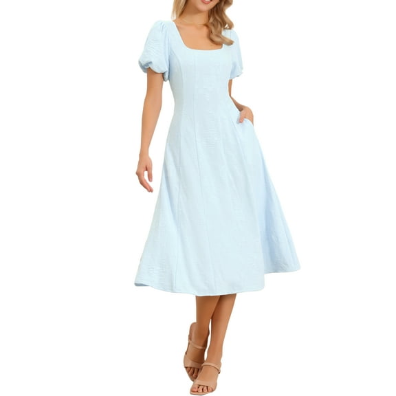 Puff Sleeve Dress for Women's Square Neck Summer Smocked Wedding A Line Midi Dresses with Pockets XS Blue