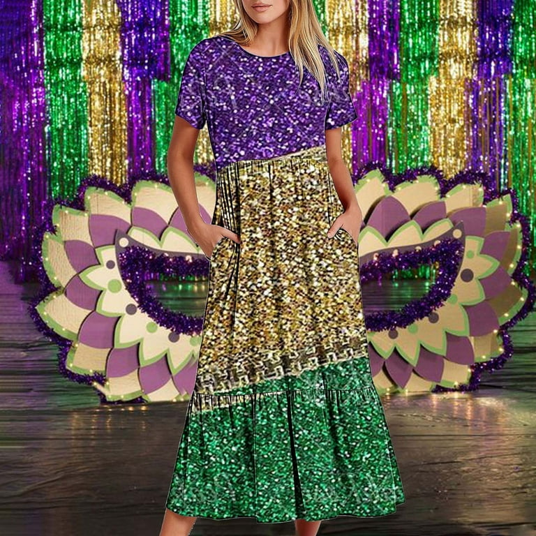 mardi gras maxi dress Plus Size Maxi Dress for Women 2024 Summer Fashion Mardi Gras Printed Carnival Short Sleeve Crewneck Dress Casual Flowy Tiered Maxi Beach Dress With Pockets Gift for Women on Clearance!