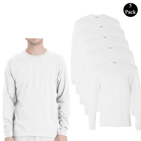 Hanes Essential Crewneck White T-Shirt, Men's 5 Pack Long Sleeve Cotton Classic Fit Tee, S