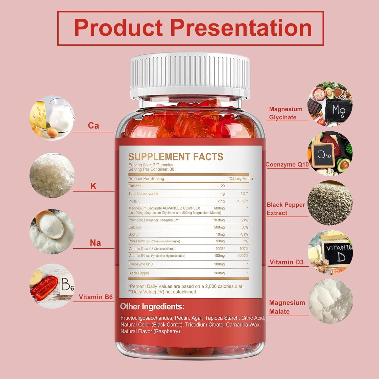 Magnesium Gummies 600mg per Serving-Magnesium Glycinate 400mg and Magnesium Malate 200mg,Sugar Free Magnesium Potassium Supplement for Calm Mood, Muscle, Bone & Energy Support,120 Raspberry Gummies