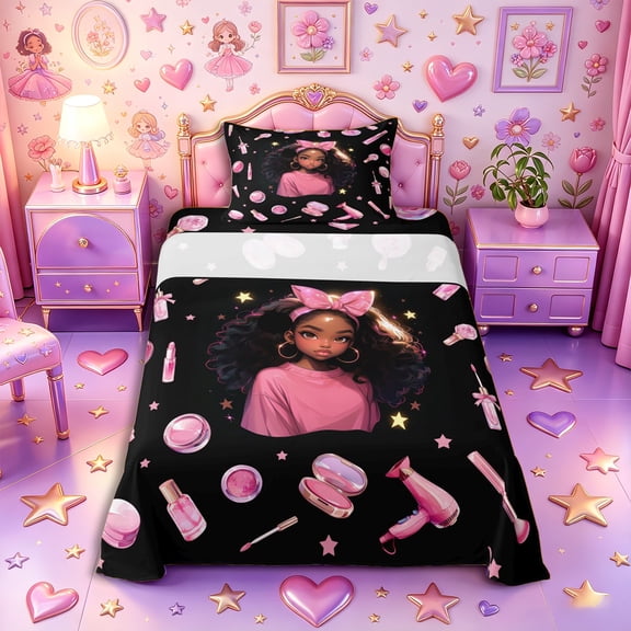 Castle Fairy Glam Black Girl Twin Sheets 3pcs,Stars Print Bedding,Pink Black,1 Fitted Sheet, 1 Flat Sheet and 1 Pillowcase