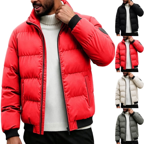 Goodtrade8 Fleece Mens Jacket Big and Tall Puffer Jacket Casual Long Sleeve Collared Plain Zip up Winter Coats for Men