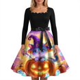 thumbnail image 2 of Women's Retro Halloween Evening Midi Dress, Square Neck High Waist Fit Flare Dress, Cat Pumpkin Print Flared Skirt Vintage Costume for Autumn Halloween Events Purple Pink B 2XL, 2 of 2