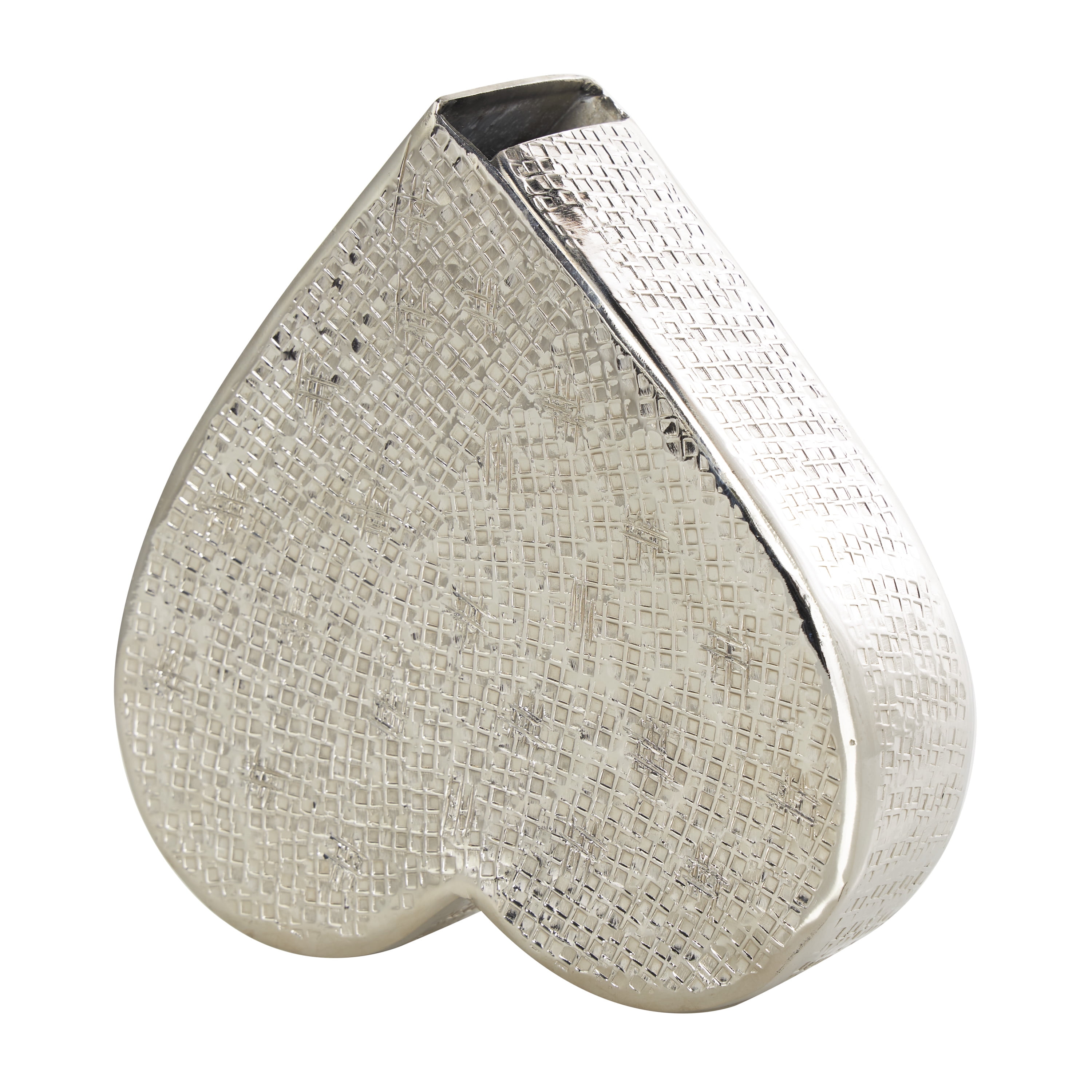 9" x 9" Silver Aluminum Slanted Heart Sculpture with Cube Textured Exterior, by DecMode