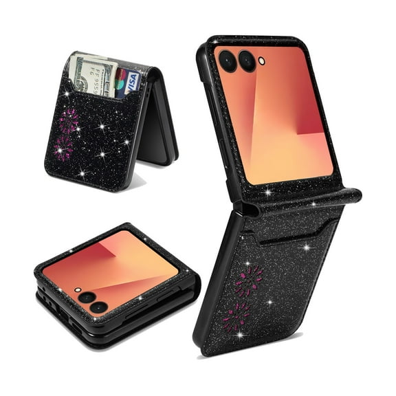 ELEHOLD for Samsung Galaxy Z Flip 7 Stylish Case,Bling Glitter Leather Card Holder Slim Lightweight Purse Case for Samsung Z Flip 7 for Women Girls, Black