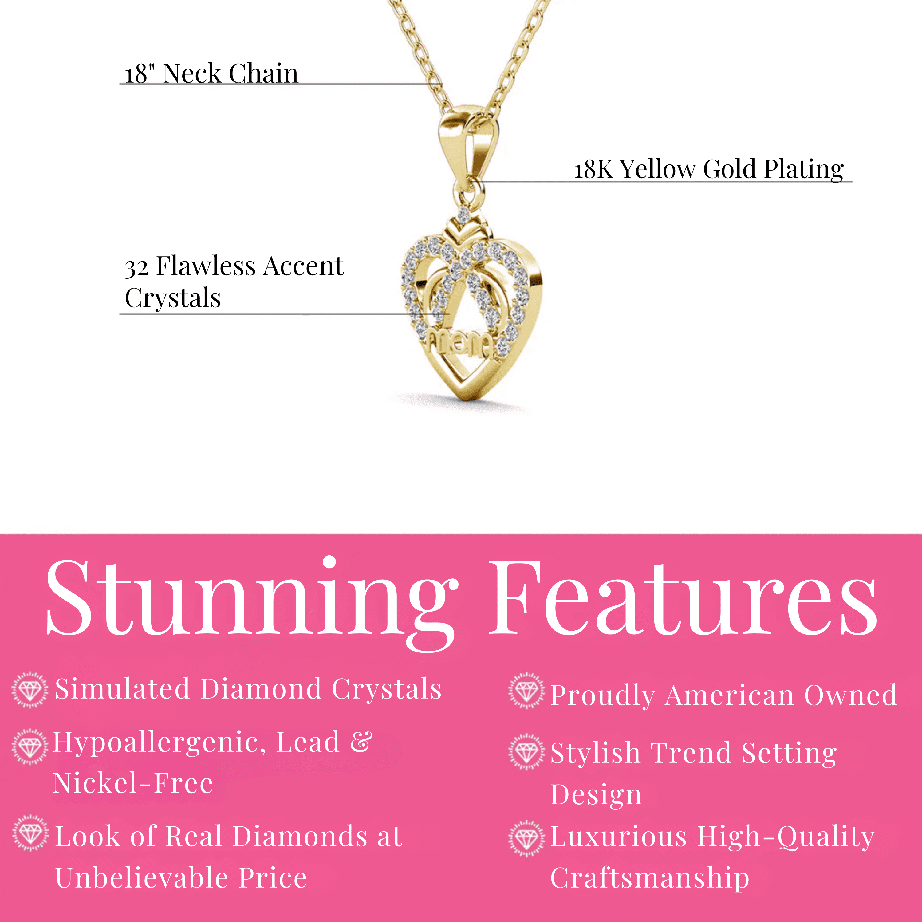 Cate & Chloe Jenna 18k Yellow Gold Plated Mom Heart Necklace with Simulated Diamonds for Women