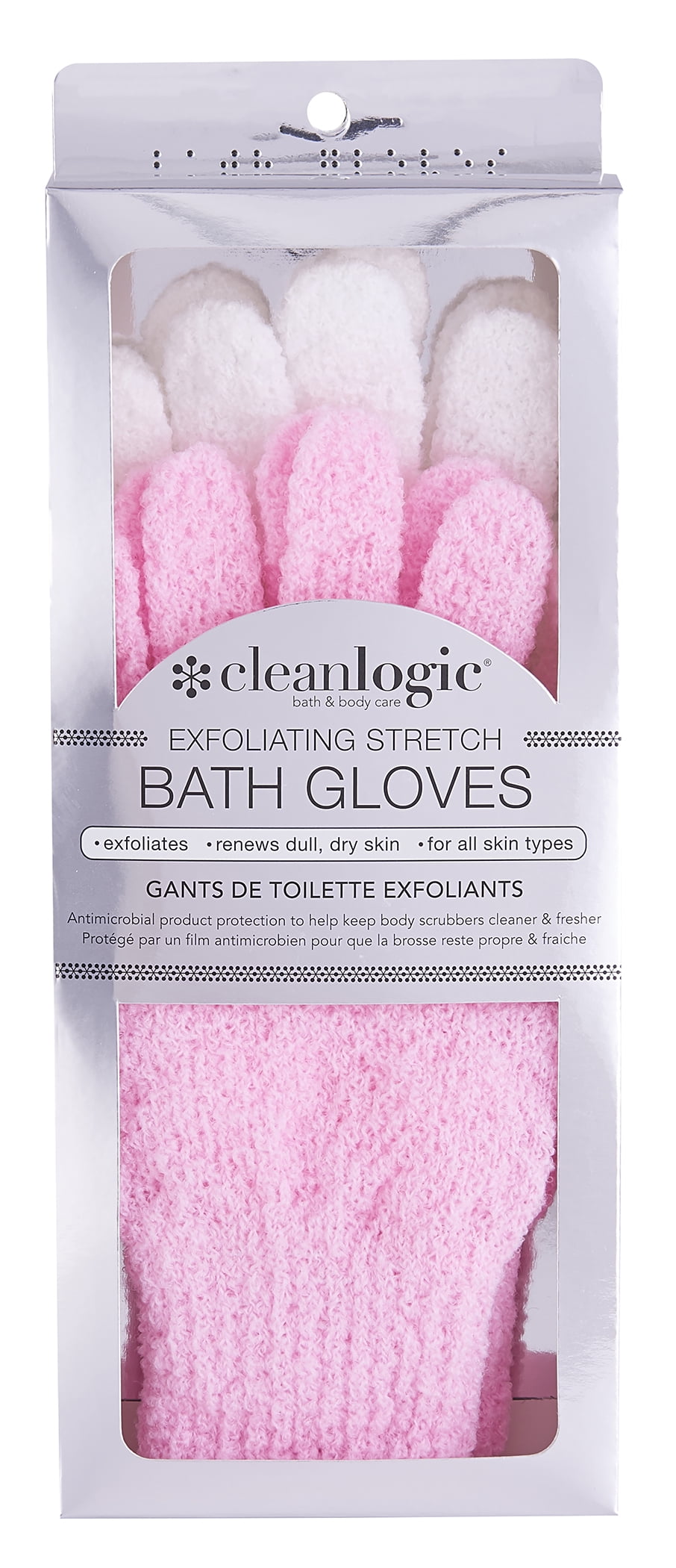 Cleanlogic Exfoliating Stretch Bath & Shower Gloves, Pink & White (Pack