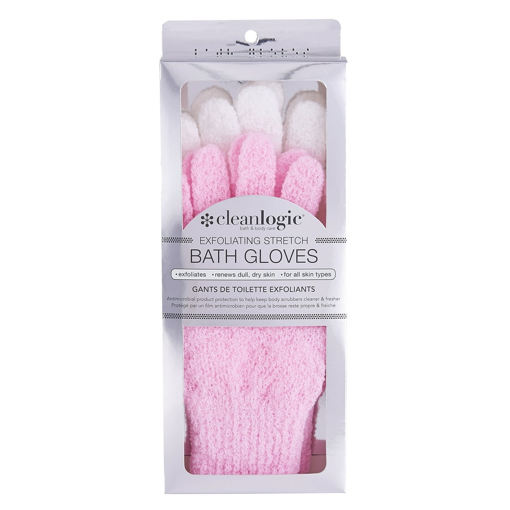 Cleanlogic Exfoliating Stretch Bath & Shower Gloves, Pink & White (Pack