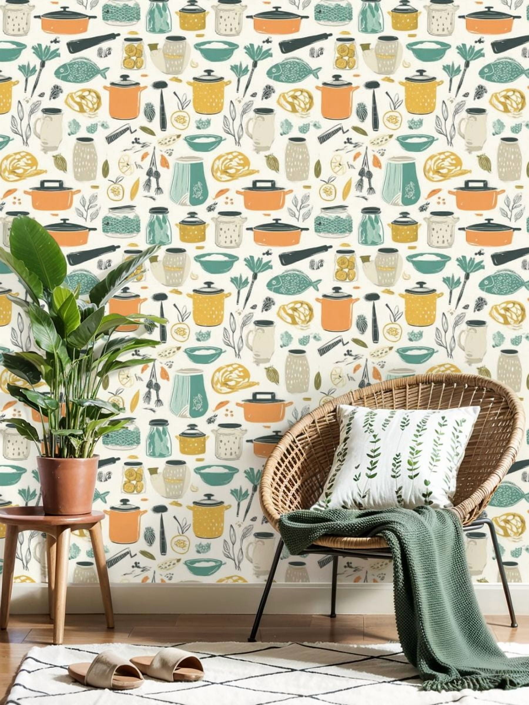 Peel and Stick Wallpaper 17.7in x 9.8ft Kitchen Utensils Food Ingredients Warm Tones Contact Paper Vinyl Self-Adhesive Removable Wall Paper for Bedroom DIY Home Decor Renter Friendly