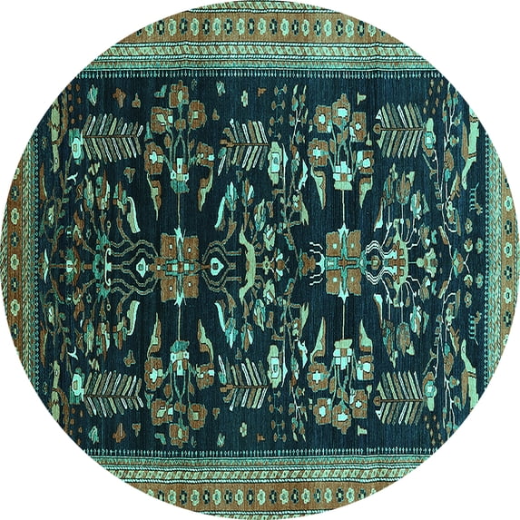 Ahgly Company Machine Washable Indoor Round Oriental Turquoise Blue Industrial Area Rugs, 7' Round