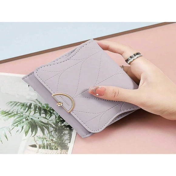 JUNWELL Short Style Purse Japanese And Korean PU Small Fresh Leaf Three Fold Bag Hardware Buck Portable Money Cash For Lady For Female White-Collar Workers College Work Business Commute O