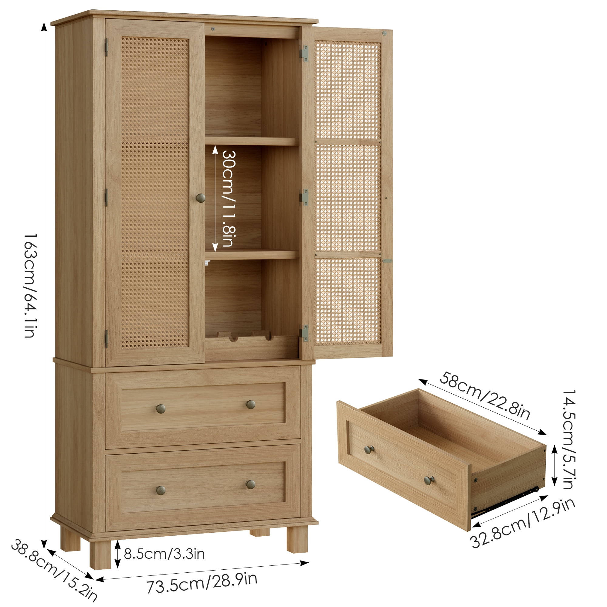 Homfa Rattan Cabinet with Doors, Tall Storage Cabinet with 2 Drawers, Narrow Accent Versatile Cabinet for Living Room, Oak
