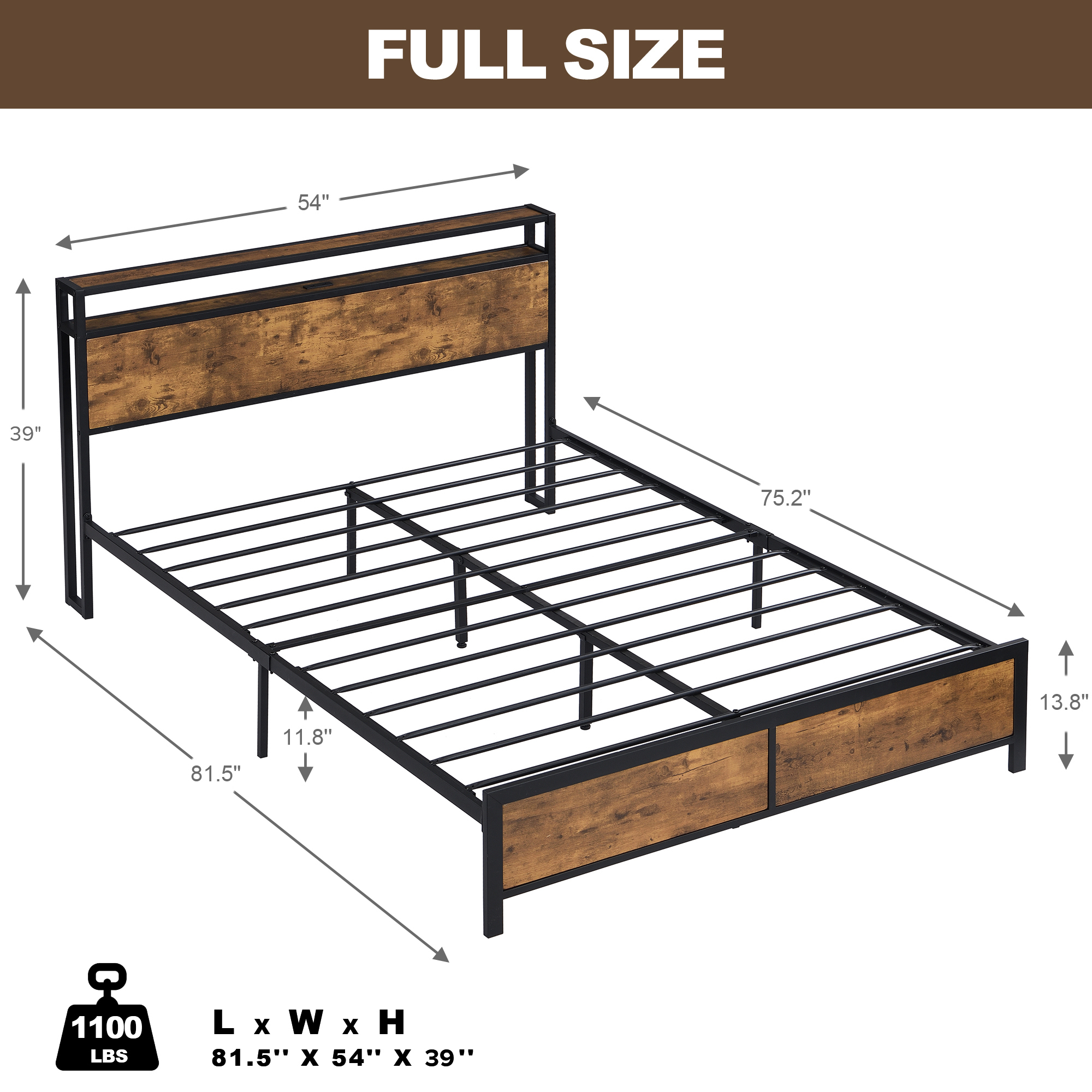 Leumius Full Size Bed Frame with LED Lights and 2 USB Ports,Industrial Style Metal Platform Bed Frame with Storage Headboard,Noise Free,Full
