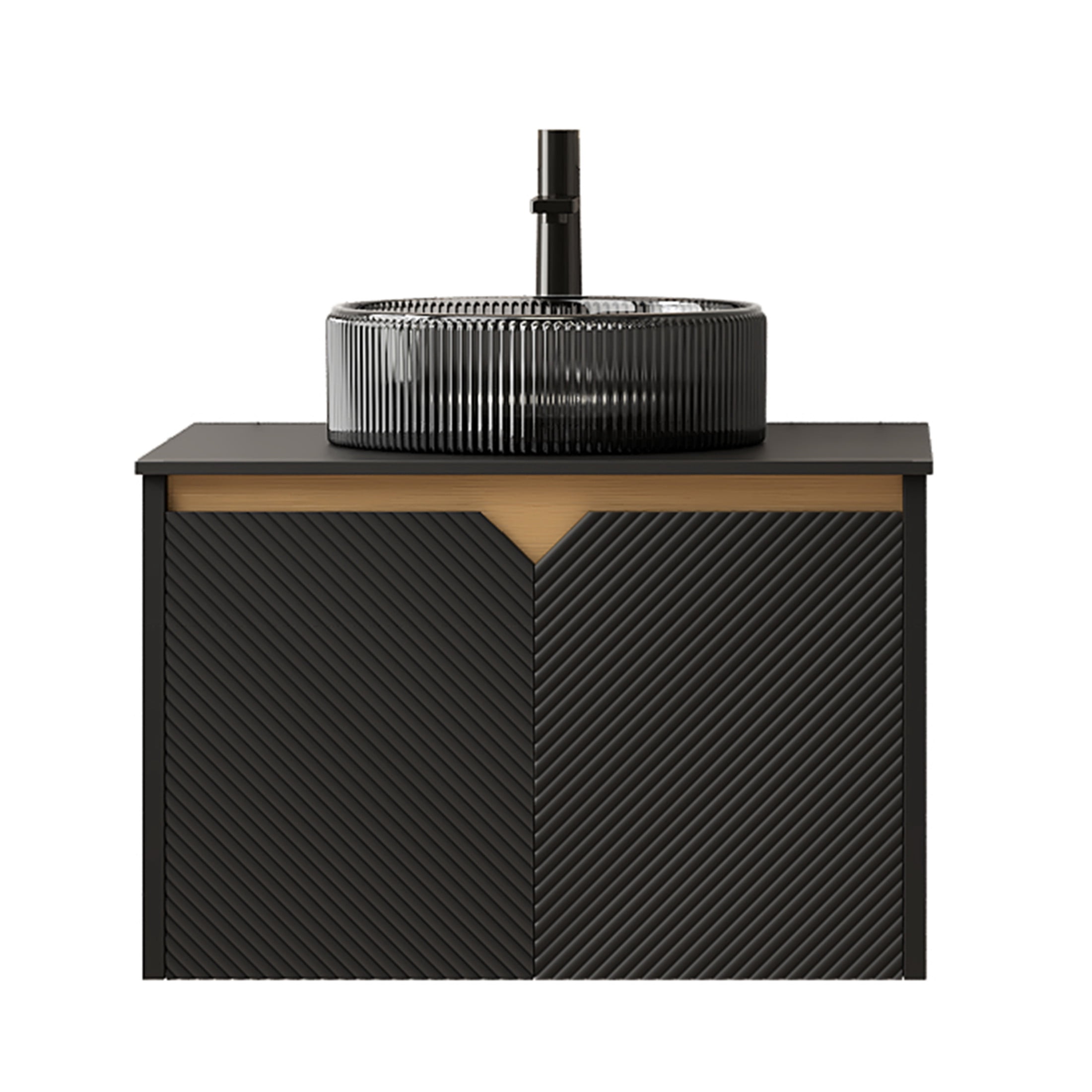 Noble House RUBEN 24" Floating Bathroom Vanity, Sintered Stone Top Cabinet with Black Round Glass Vessel Sink, Black