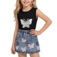 thumbnail image 2 of Girls 2Pcs Skirts Sets Outfits Summer Short Sleeve Crewneck Tops and Denim Vintage Skirts Versatile Cute Bow Print Tops School Outfits Casual Children Clothes Age 2-8 Years Black 3-4Years, 2 of 7