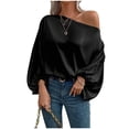 thumbnail image 3 of Women's Off The Shoulder Long Sleeve Pullover Tops Blouses Shirts Solid Color Loose Fit Casual Daily Wear Vacation Beach Party Night Out Fashion Essential Gift for Women | Sopatenor,Black XL, 3 of 9