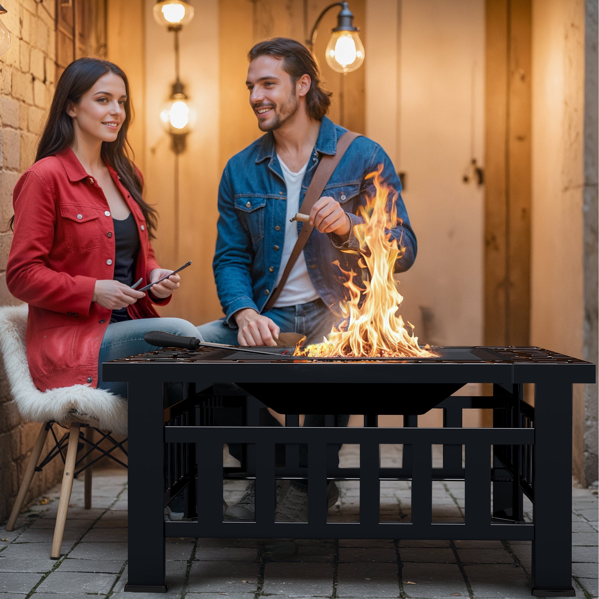 Lacoo 32 Patio Square Fire Pit Table for Patio Backyard BBQ Ice Storage with Mesh Lid Poker and Cover Black