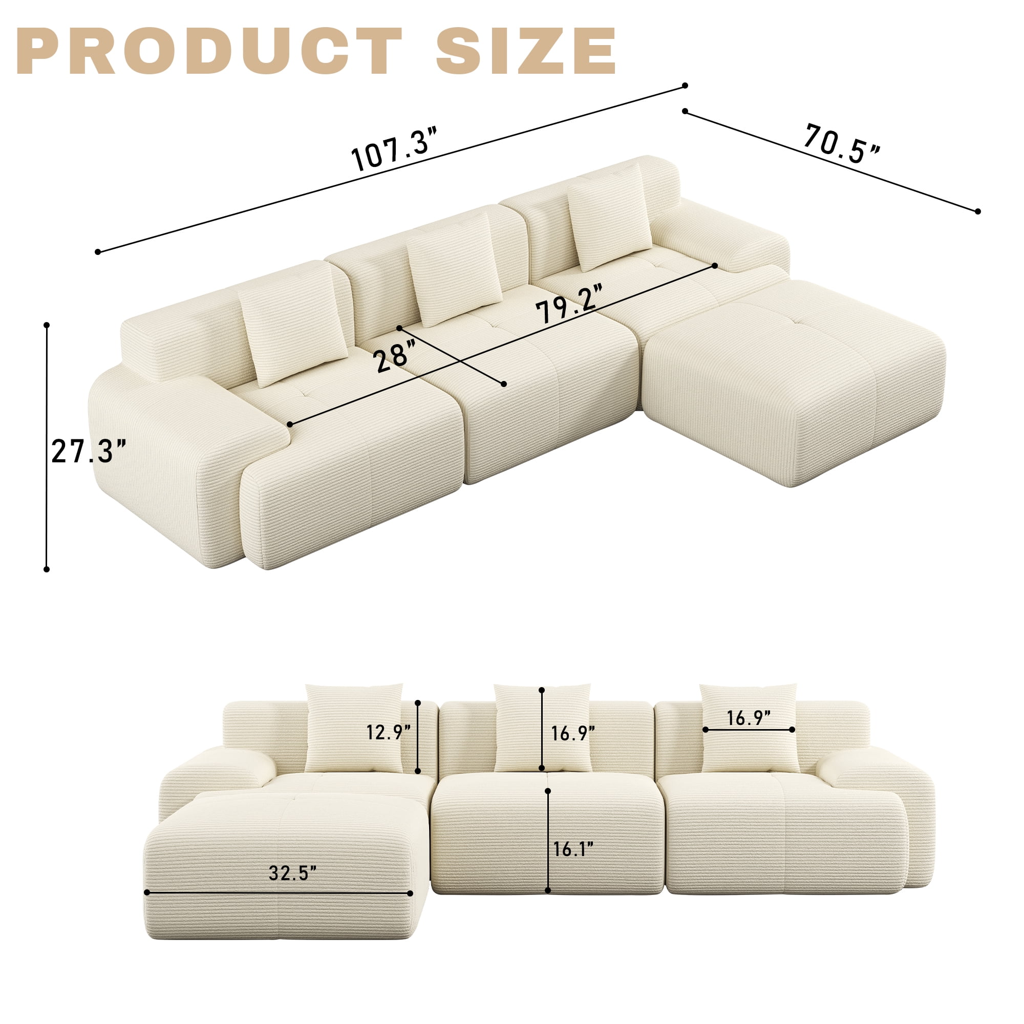 GAOHAPY 107"Modern L Shaped Modular Sectional Sofa, Oversized Corduroy Couch Deep Seat, Boneless Cloud Couch with Ottoman, 30D Sponge for Indoor Living Room, No Assembly Required(Beige)