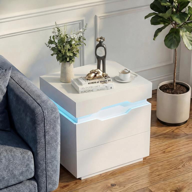 Lacoo Modern End Table Set of 2 with LED Lights & Charging Station, White Nightstand with 2 Drawers & Upper Storage for Living Room Bedroom, 2 Drawer