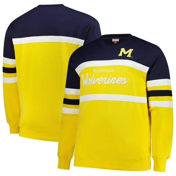 Men's Mitchell & Ness Maize Michigan Wolverines Big & Tall Vintage Logo Head Coach Fleece Pullover Sweatshirt