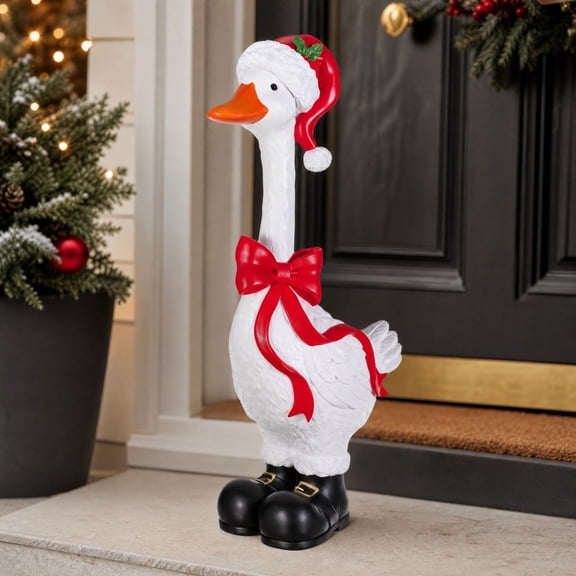 VAIFTILNO Christmas Porch Goose Statue Decor, Resin White Goose with Santa Hat Red Bow Black Boots, Large Christmas Decor for Porch, Yard