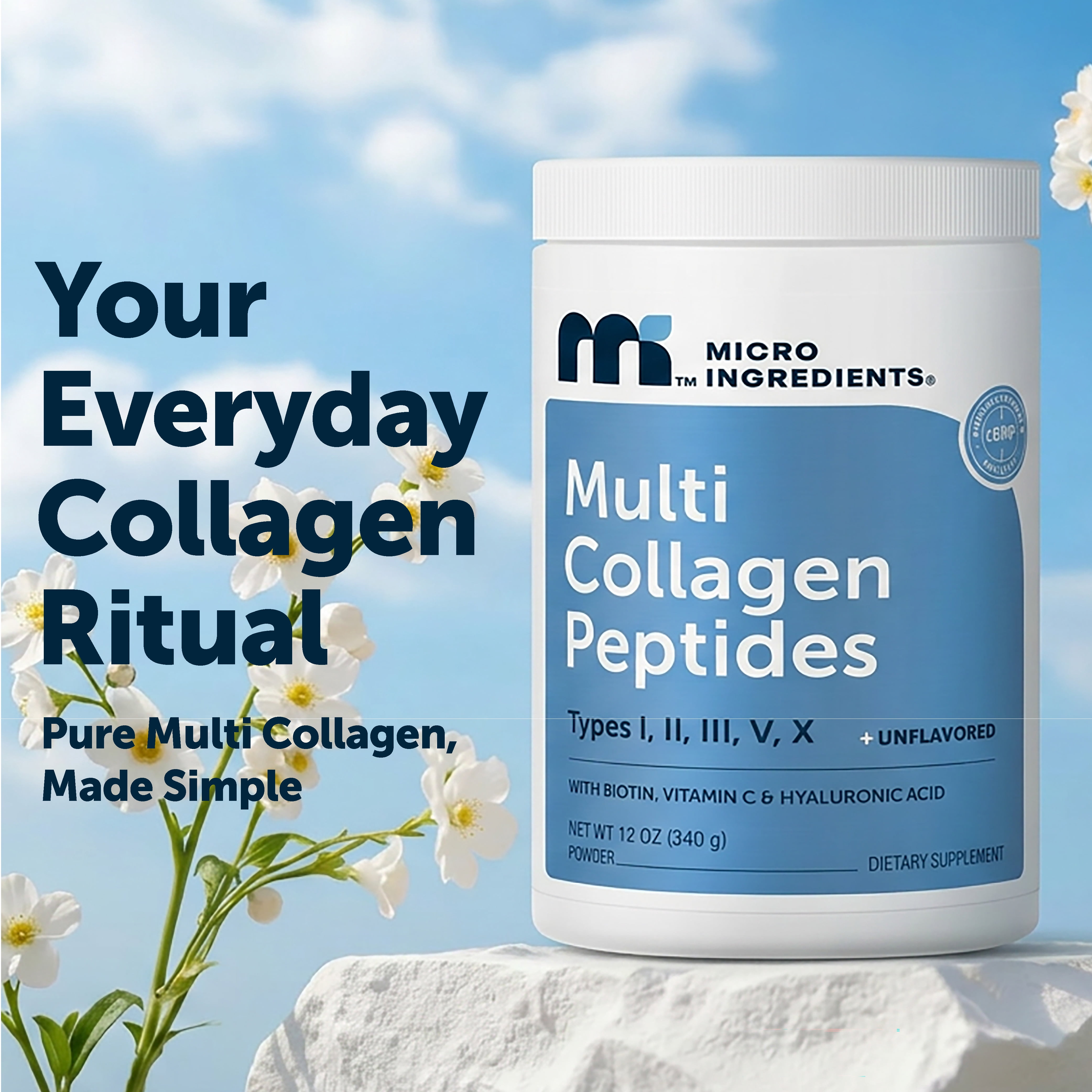 Micro Ingredients Multi Collagen Peptides Powder, Full Spectrum Type I, II, III, V, X + Biotin, Hyaluronic Acid, & Vitamin C, Unflavored, Keto & Paleo Friendly, 12 Ounces