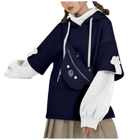 IROINNID Women s Long Sleeve Sweatshirt Mid-Length Color Block Loose Autumn Winter Sweatshirt with Trendy Messenger Bag 2PC  Navy