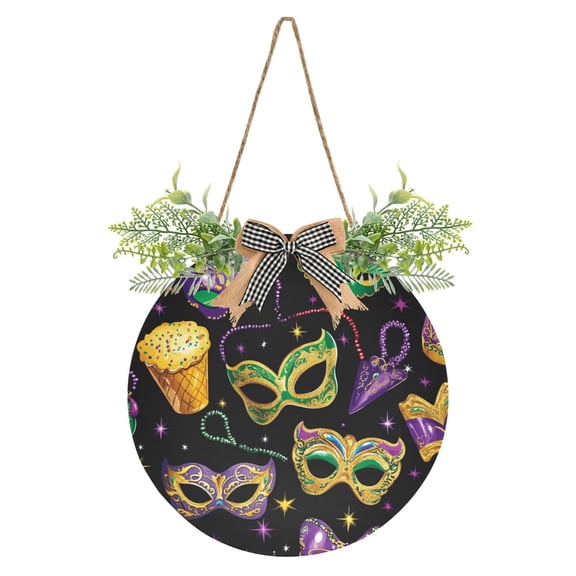 Mardi Gras Mask Front Door Porch Decoration Hanging Sign with Artificial Green Plants and Bow for Home Outdoor Indoor