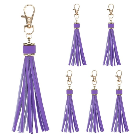 Uxcell 6-Pack PU Leather Tassel 5.9 Inch Small Keychain Tassel Dark Purple with Rings for DIY Crafts