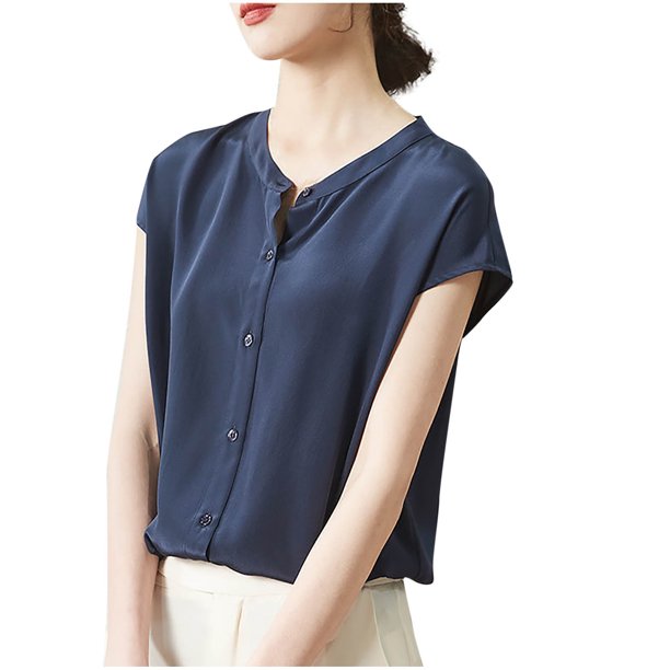 Mujeres de Verano Tops de Moda Casual Color Sólido V-Cuello Bolsillo Laminado Manga Corta Superior, Ligera Blusa Elegante