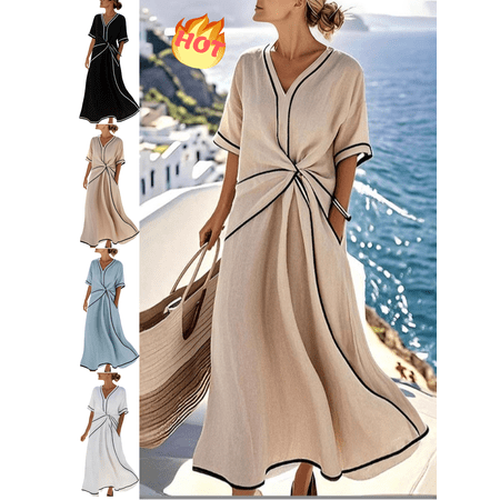 Mifsaly Linen Dress Women Short Sleeve Vacation Beach Wrap Dresses Lightweight Flowy Dressy Casual Maxi Spring Summer Clothing M