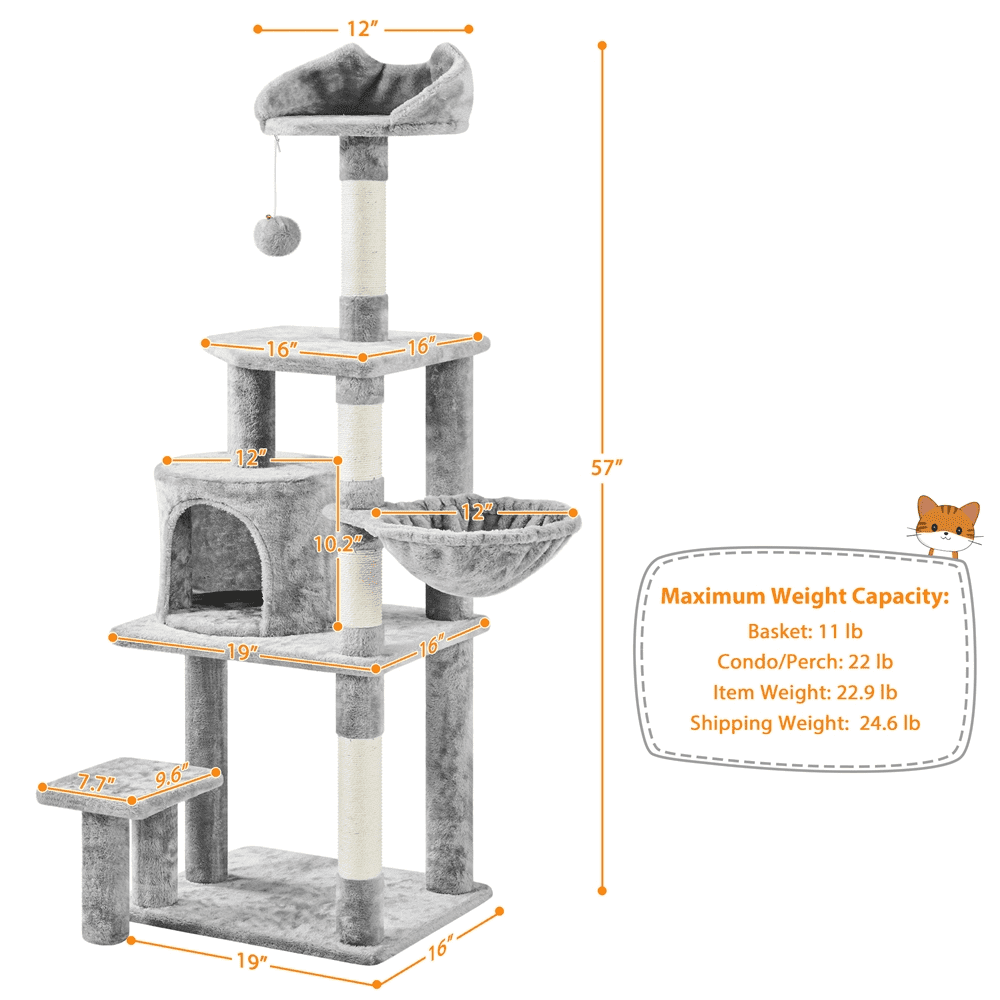 Alden Design 57″ Tall Multi Level Cat Tree with Basket & Condo & Scratching Post, Light Gray