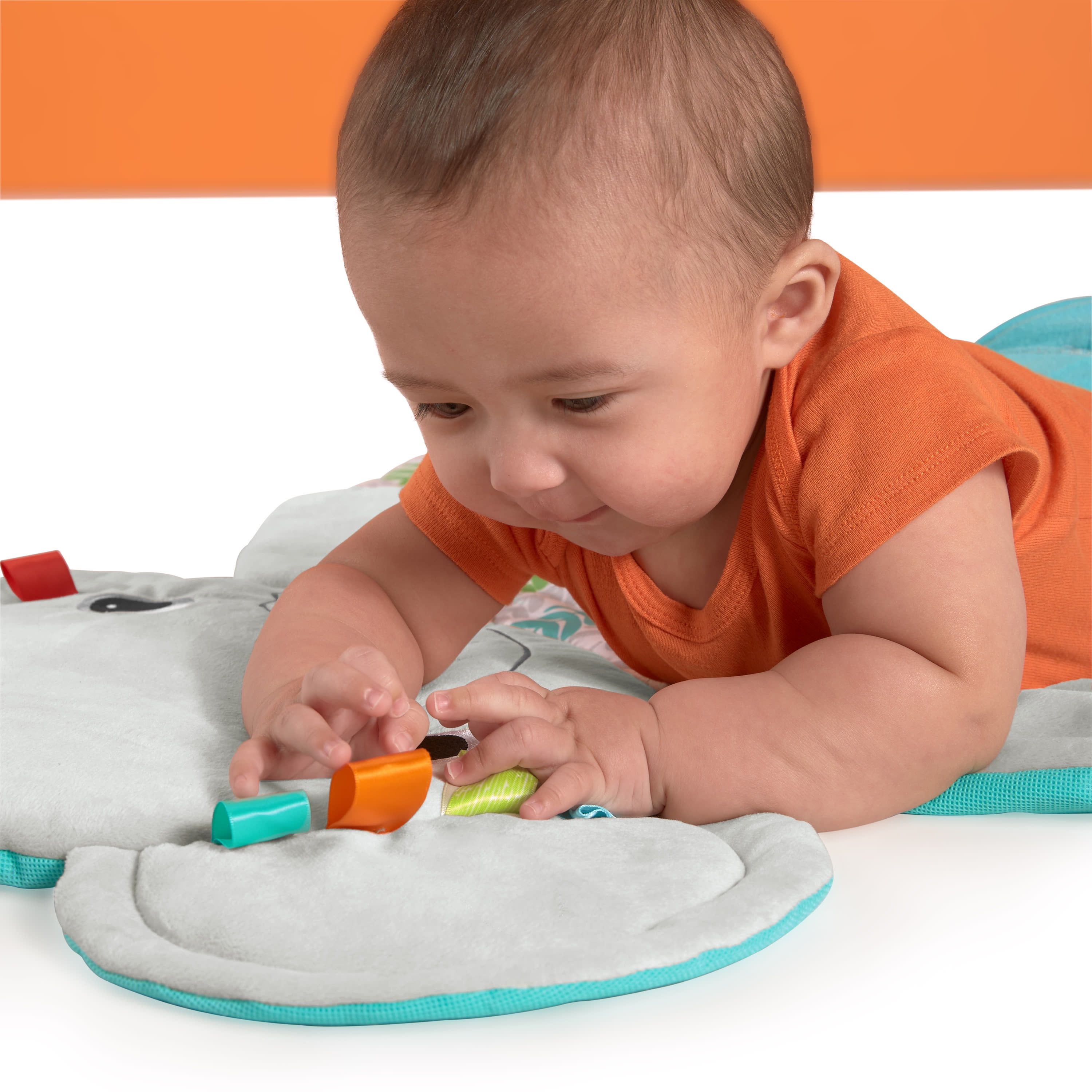 Bright Starts Hug ‘n Cuddle Elephant Activity Baby Gym and Tummy Time Play Mat with Take-Along Toys, Green Newborn+