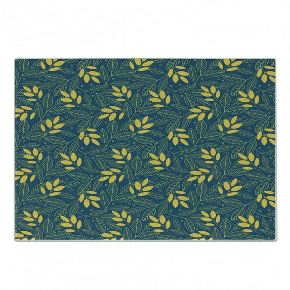 Yellow and Blue Cutting Board, Autumn Season Foliage with Stars Circles on Blue Shade Background, Decorative Tempered Glass Cutting and Serving Board, Small Size, Dark Blue and Yellow, by Ambesonne