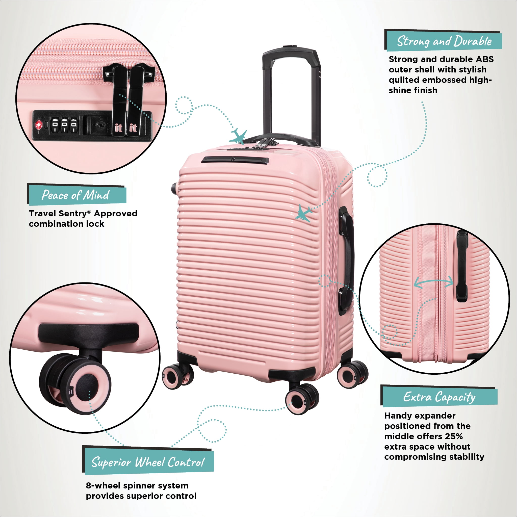 it luggage Traversed 21" Hardside Carry-On 8 Wheel Expandable Luggage Suitcase Spinner, Metallic Rose Gold